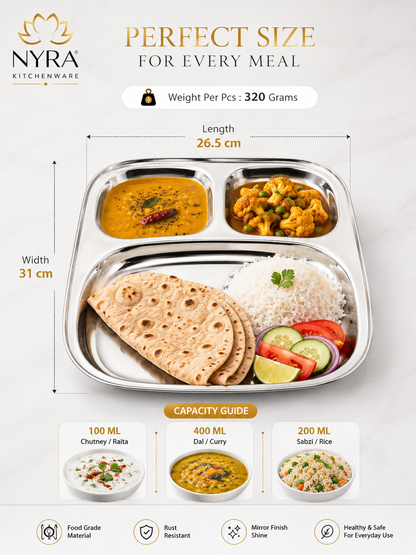 Stainless Steel Three Sectioned Plates | 3 in 1 Compartment Dinner Plate
