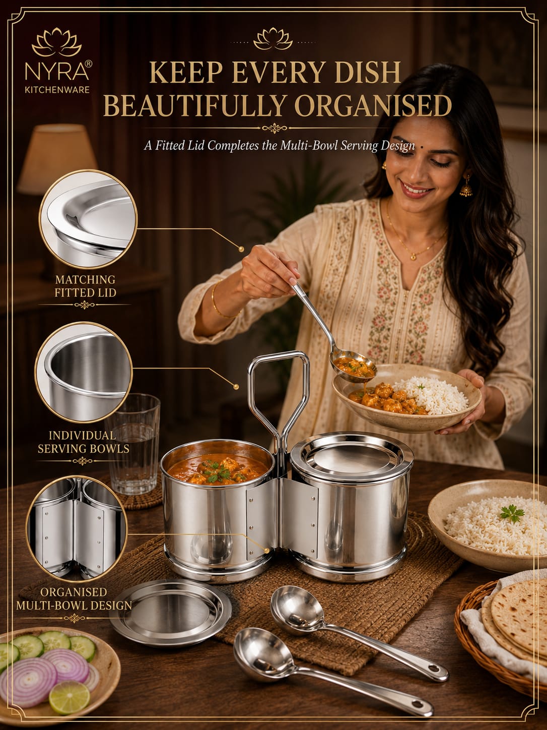 Stainless Steel Vegetable/Curry Holder (Chougadha) Serving Set with Lid & Serving Spoons | Glossy Mirror Finish Chaumukha | Multipurpose Buffet, Catering & Dining Serveware |