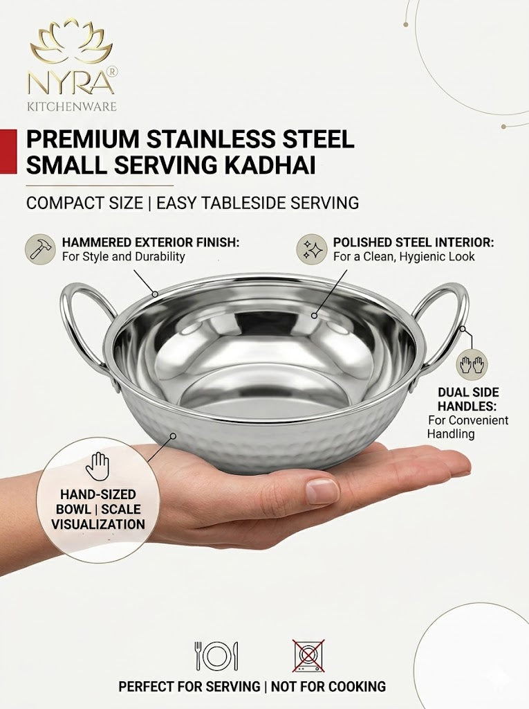 Stainless Steel Hammered Finish Kadhai with Handles – Premium Serveware Set