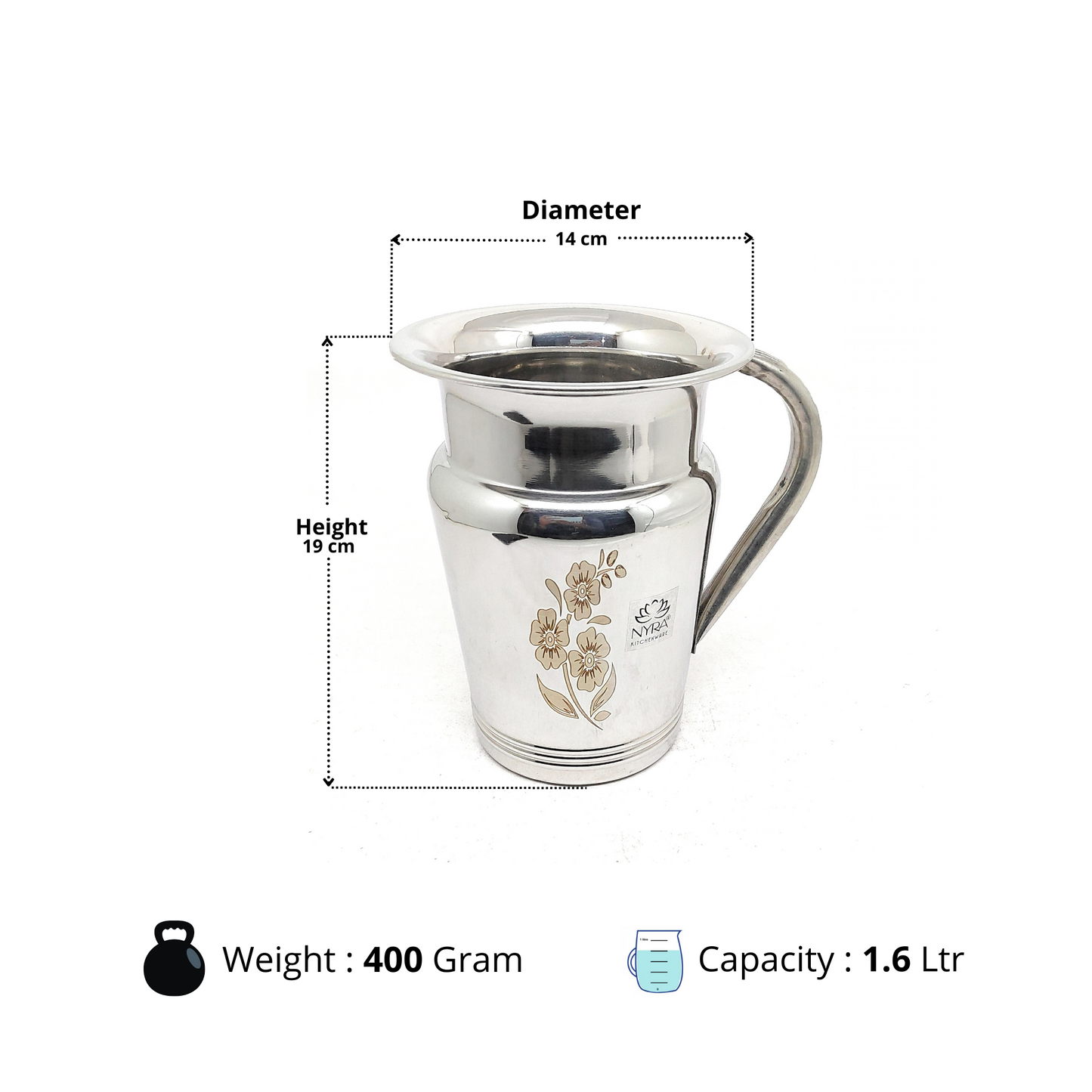 Stainless Steel Floral Lazer Jug | Glossy Mirror Finish Water Jug with Sturdy Handle