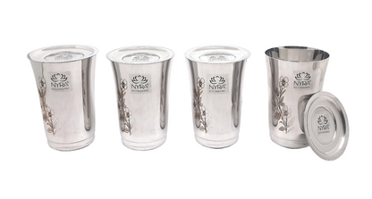 Premium Stainless Steel Floral Print Glass Set with Lid | Coaster