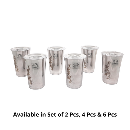 Premium Stainless Steel Floral Print Glass Set with Lid | Coaster