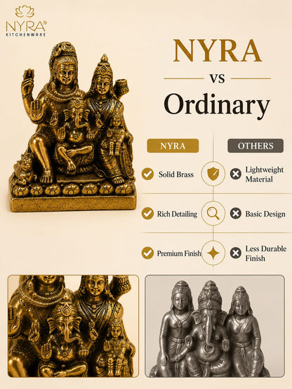A promotional comparison graphic for a brass NYRA statue, showing a golden-toned detailed statue on the left, text comparing it to ordinary items on the right, and two close-up inset photos at the bottom highlighting detail and finish.