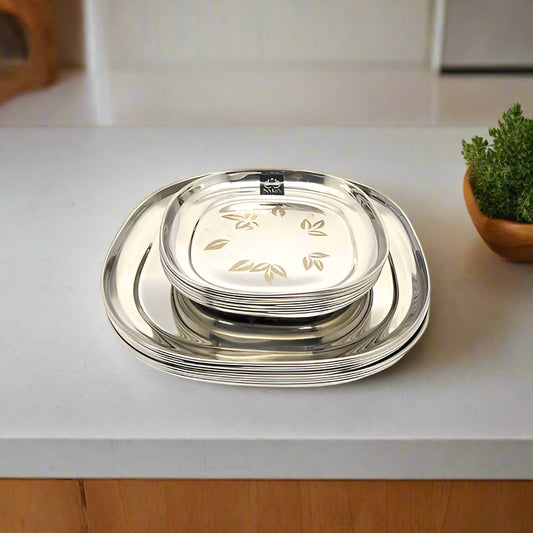 Stainless Steel Set of 12 pieces- Quarter and Full-Size Plates with Laser Print Set for Lunch/Dinner