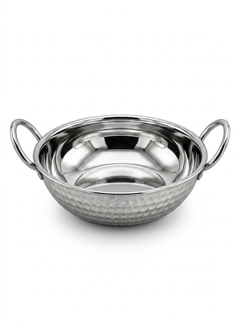Stainless Steel Hammered Finish Kadhai with Handles – Premium Serveware Set