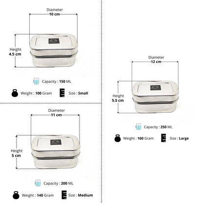 Stainless Steel Mini Rectangle Storage Box/Containers With Lid – Set of 3 Pcs