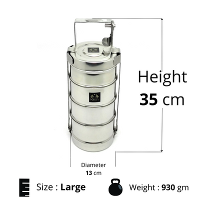 Stainless Steel 4-Tier Tiffin Box | Food Grade Lunch Box with Clip Carrier