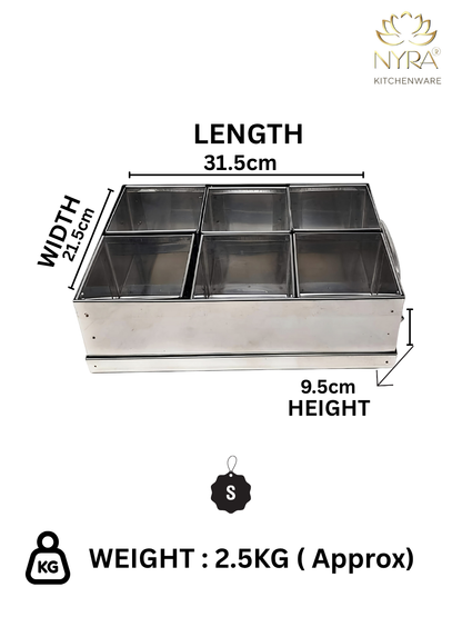 Stainless steel tray with dimensions and weight information on a white background, branded as Nyra Kitchenware.