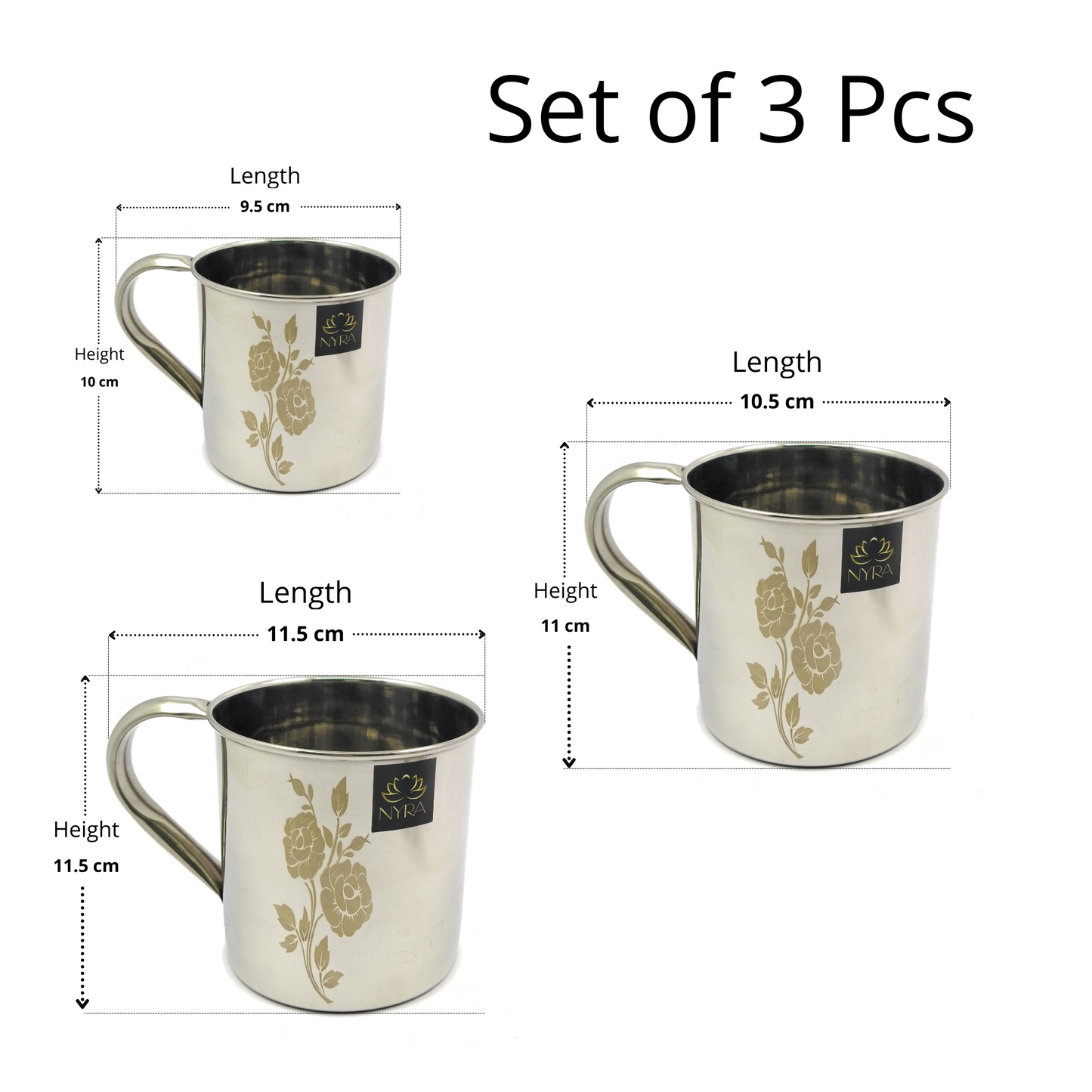 Stainless Steel Laser Printed Mug with Glossy Finish – Set of 3 Pcs