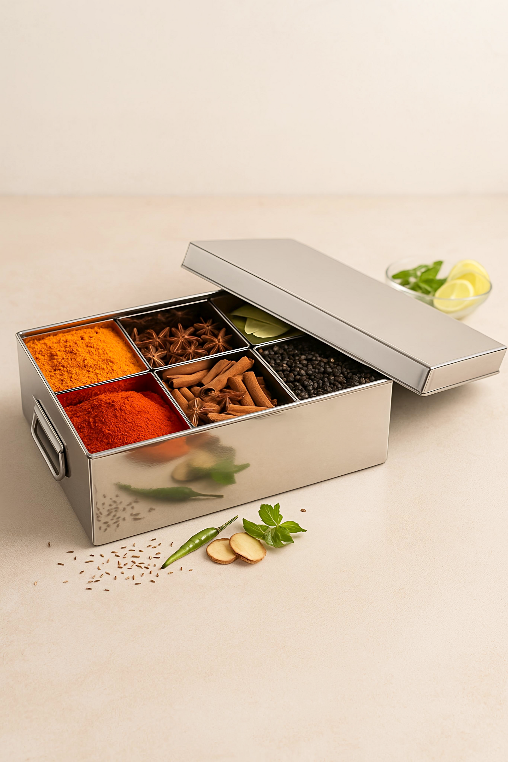 Spice container with compartments filled with various spices on a light beige background