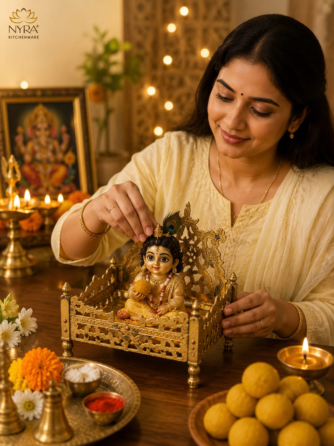A woman in a cream-colored kurta is carefully placing a peacock feather on a small gold Lord Krishna idol, set on a wooden table surrounded by lit diya candles, marigold flowers, and sweets. The NYRA KITCHENWARE logo is visible in the top left corner.