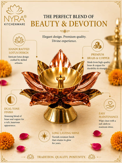 Brass Lotus Kamal Diya | Premium Handmade Akhand Oil Lamp - Pooja Brass Diya Stand