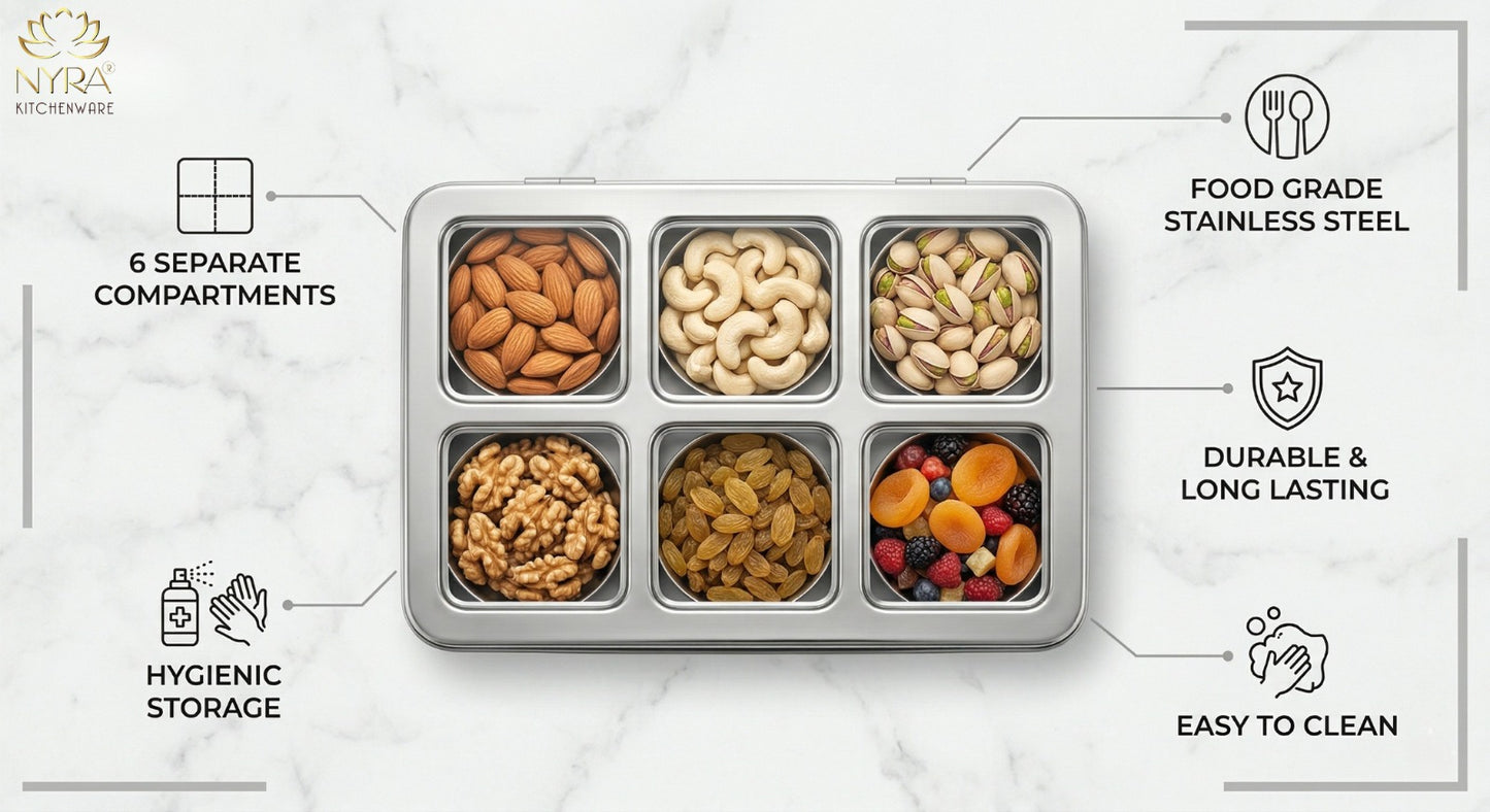 Stainless Steel 6 Compartment Dry Fruit/Spice Box for Kitchen Organization - See-Through Lid Masala/Snacks/Dry Fruit Box