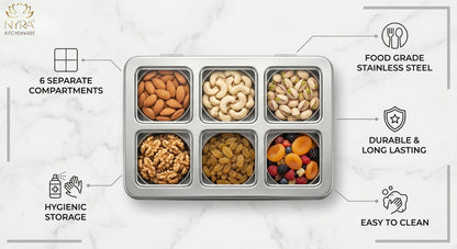 Stainless Steel 6 Compartment Dry Fruit/Spice Box for Kitchen Organization - See-Through Lid Masala/Snacks/Dry Fruit Box
