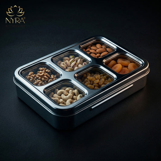 Stainless Steel 6 Compartment Dry Fruit/Spice Box for Kitchen Organization - See-Through Lid Masala/Dry Fruit Box