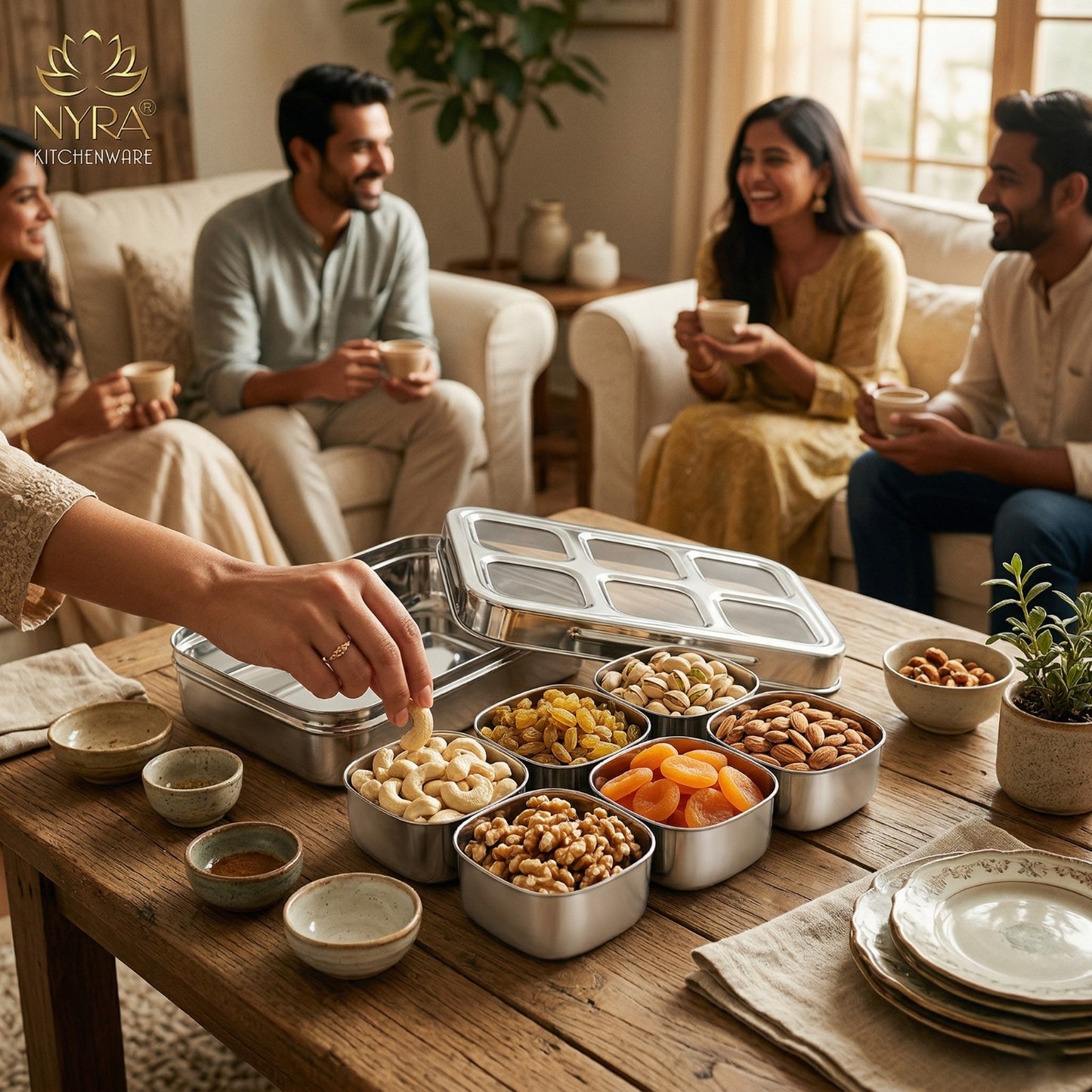 Stainless Steel 6 Compartment Dry Fruit/Spice Box for Kitchen Organization - See-Through Lid Masala/Snacks/Dry Fruit Box