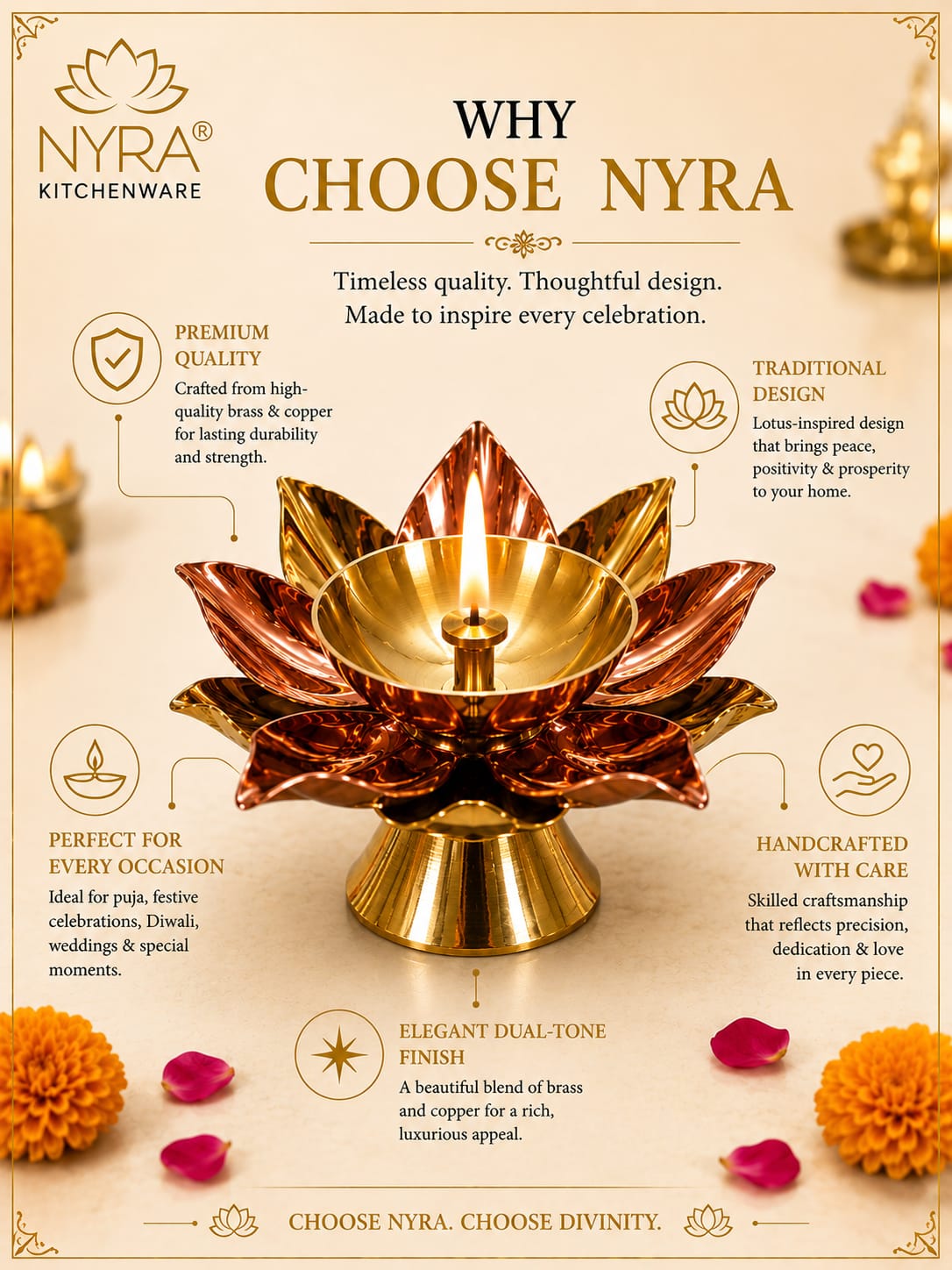 Brass Lotus Kamal Diya | Premium Handmade Akhand Oil Lamp - Pooja Brass Diya Stand