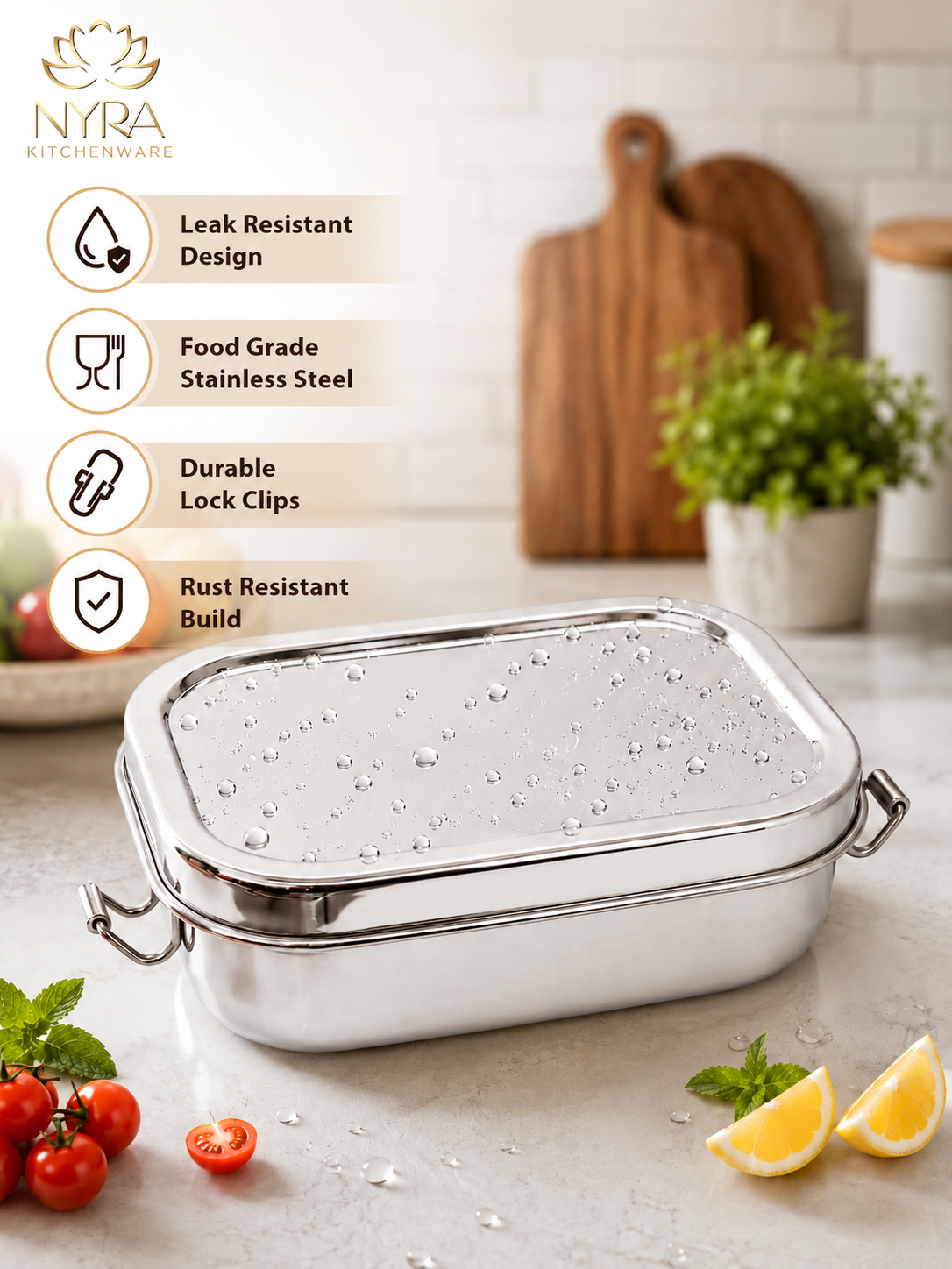 Stainless Steel Rectangular Lunch Box | Leak-Proof Tiffin with Inner Container & Locking Clip