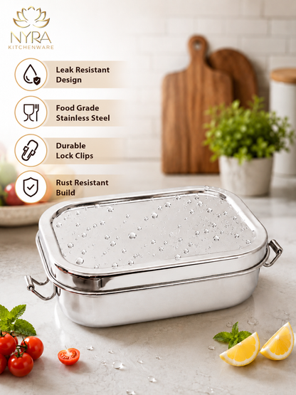 Stainless Steel Rectangular Lunch Box | Leak-Proof Tiffin with Inner Container & Locking Clip