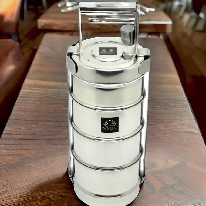 Stainless Steel Food Grade 4 Meal Containers Tiffin/Lunch Box | Clip Carrier for School/Office/College | Traditional Indian Meal Carrier