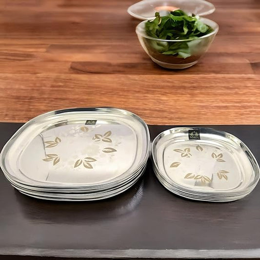 Stainless Steel Set of 12 pieces- Quarter and Full-Size Plates with Laser Print Set for Lunch/Dinner