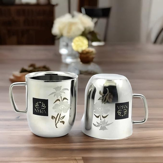 Set of 2 Stainless Steel Glossy Finish Cups with Laser Print & Riveted Handles