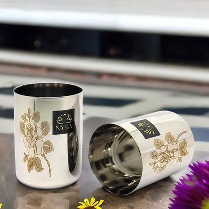 Stainless Steel Glass/ Tumbler with Laser Floral Design for Drinking  300 ML each