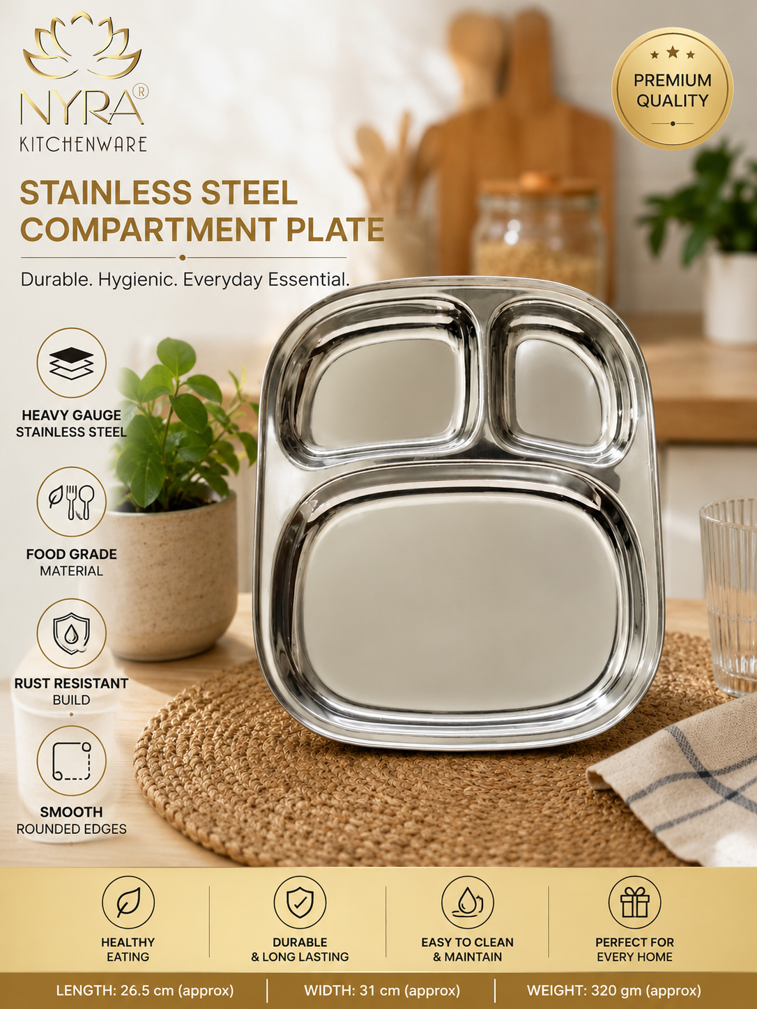 Stainless Steel Three Sectioned Plates | 3 in 1 Compartment Dinner Plate