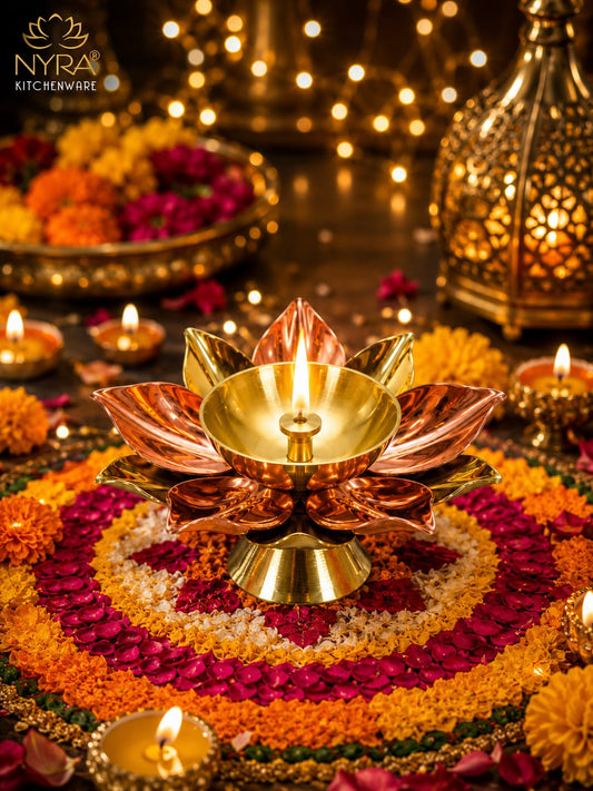 Brass Lotus Kamal Diya | Premium Handmade Akhand Oil Lamp - Pooja Brass Diya Stand