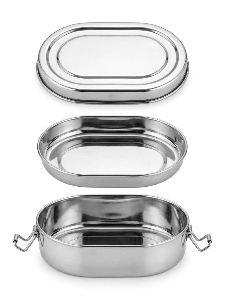 Stainless Steel Capsule Lunch Box with Plate & Double Decker Separator | Glossy Finish Steel Tiffin Box - Durable Food Storage Container
