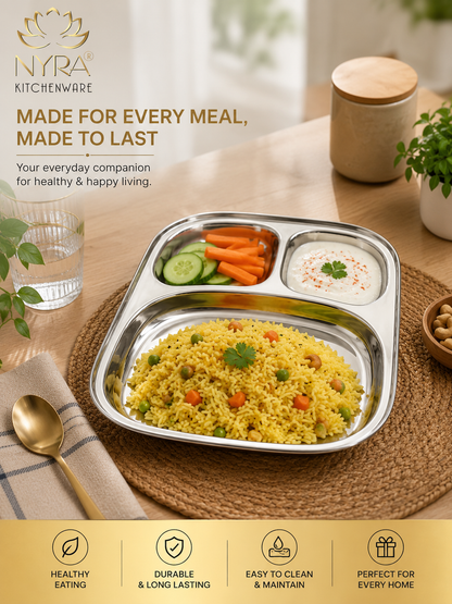 Stainless Steel Three Sectioned Plates | 3 in 1 Compartment Dinner Plate