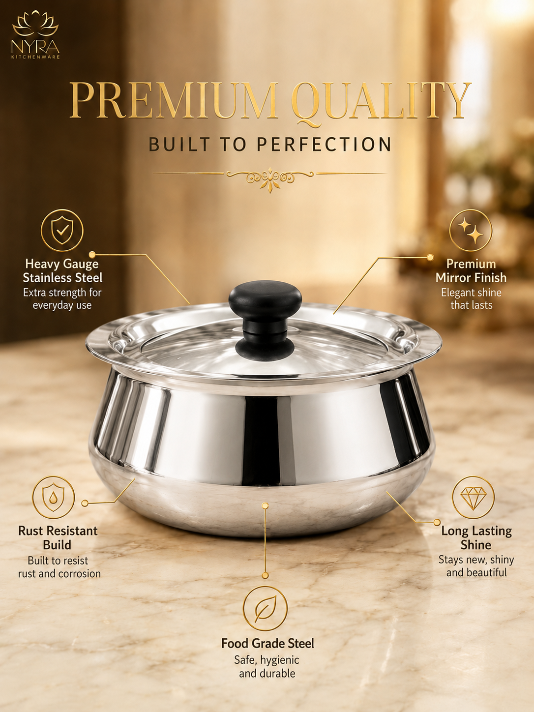 Stainless Steel Pulao Handi with Lid and PVC Knob – Set of 3