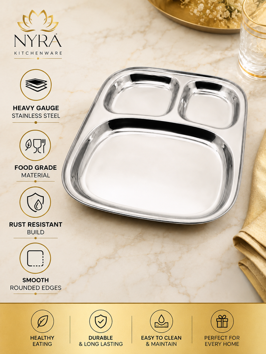 Stainless Steel Three Sectioned Plates | 3 in 1 Compartment Dinner Plate