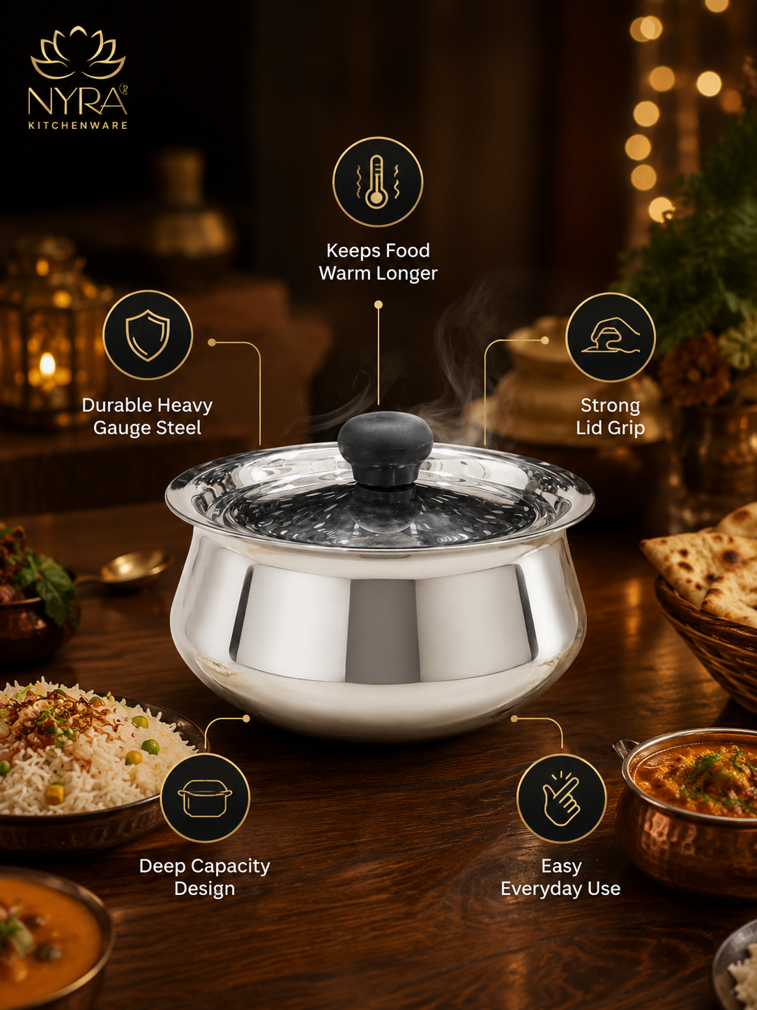 Stainless Steel Pulao Handi with Lid and PVC Knob - Available in 3 sizes