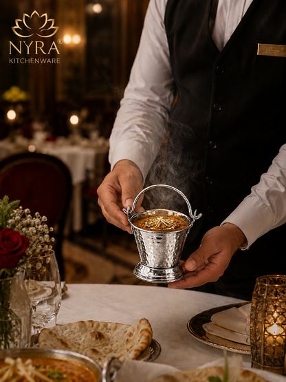 Stainless Steel mini-serving Balti | Hammered Design Serving Bucket - Traditional Serveware for Home, Restaurants & Dhabas