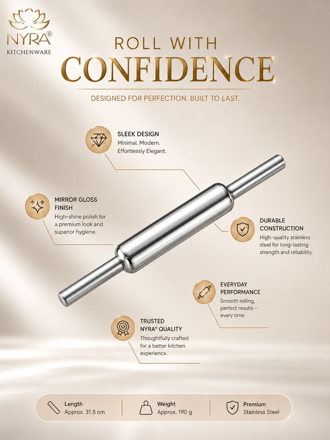 Stainless Steel Chapati Roller Pin - Durable Belan for Perfectly Rolled Chapatis
