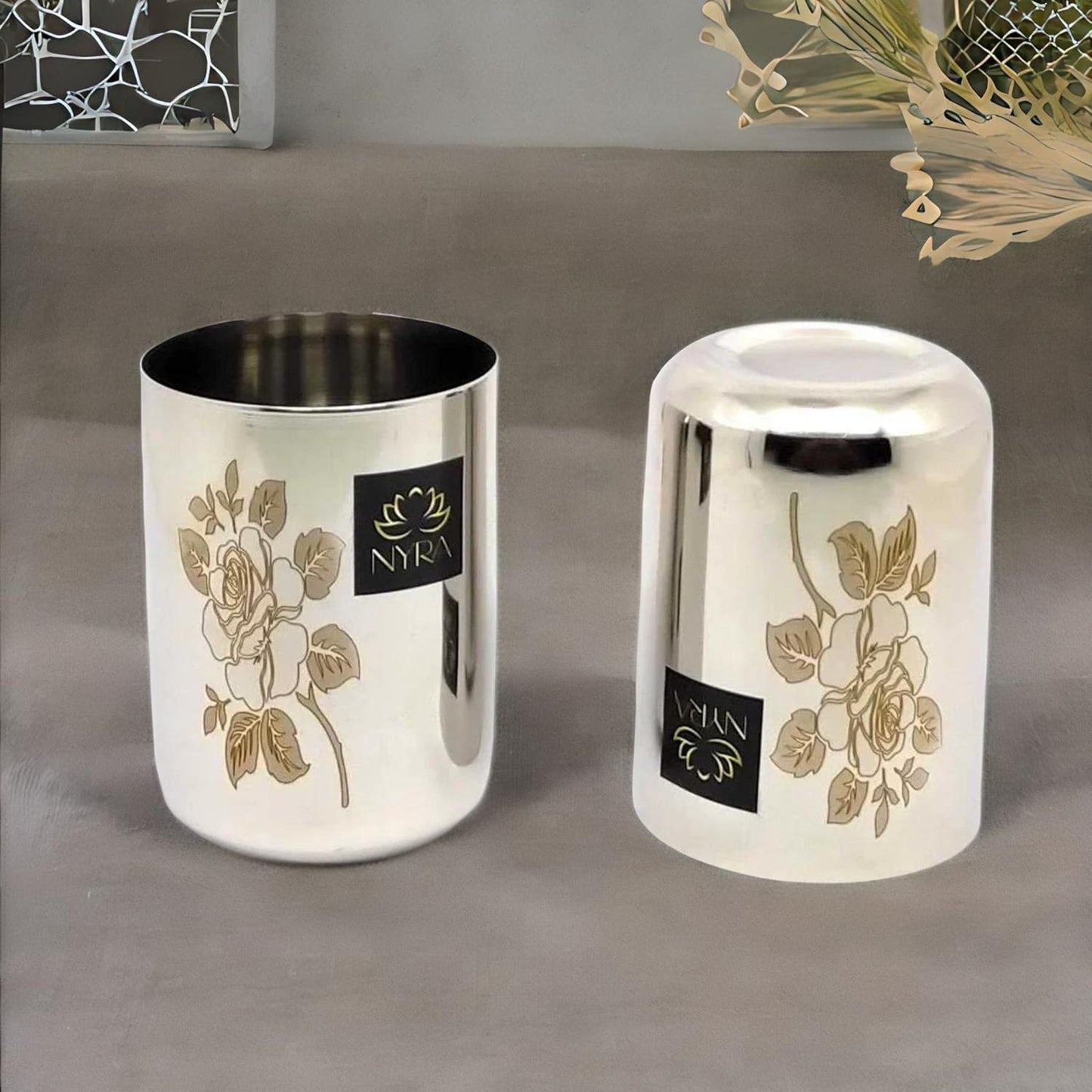 Stainless Steel Glass/ Tumbler with Laser Floral Design for Drinking  300 ML each