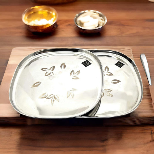 Stainless-Steel Full-Size Lunch/Dinner Plates with Glossy Outer Finish and Laser Print Set