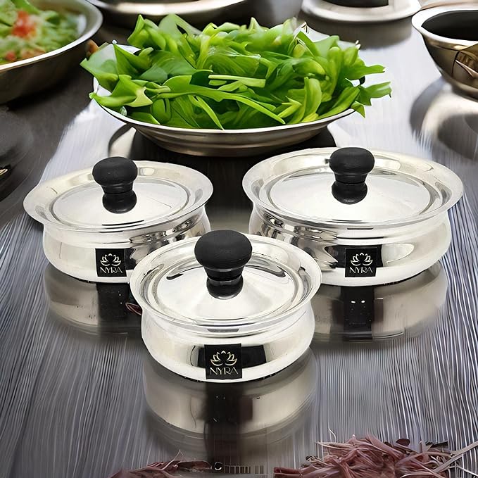 Stainless Steel Biryani Handis with Lid & PVC Knob - Set of 3