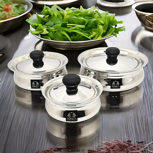 Nyra® Stainless Steel Biryani Handi with Lid and PVC Knob – Set of 3 (600 ML, 900 ML, 1.5 Ltr)