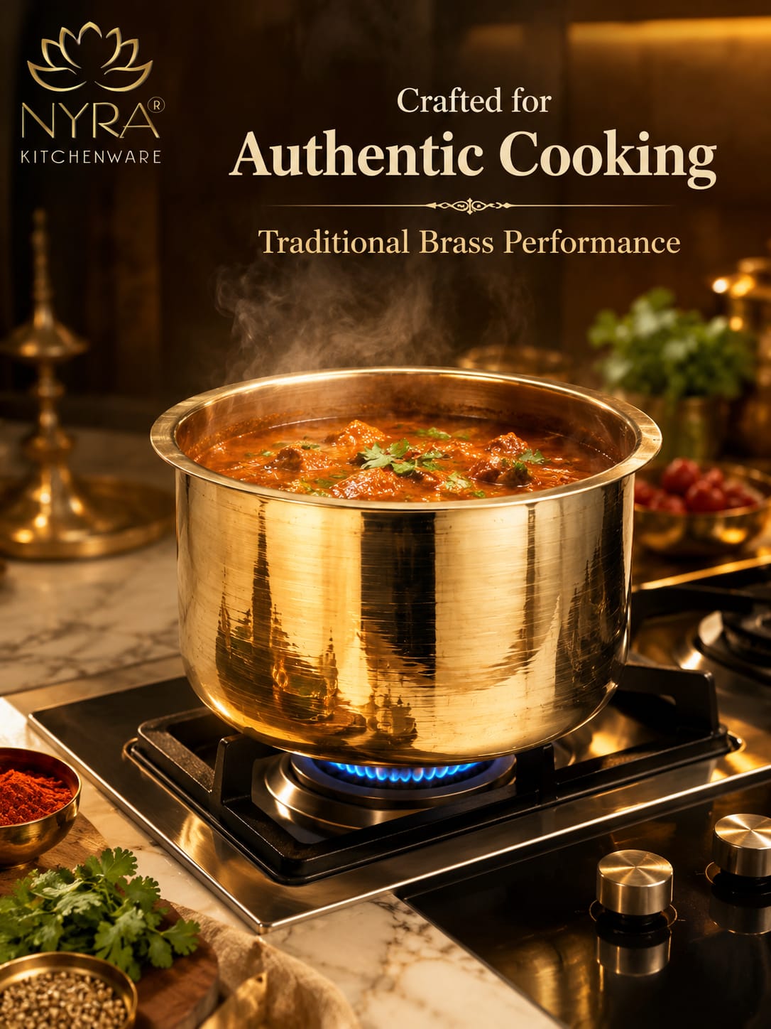 Gold pot on a stove withNyra Kitchenware branding and text about authentic cooking.