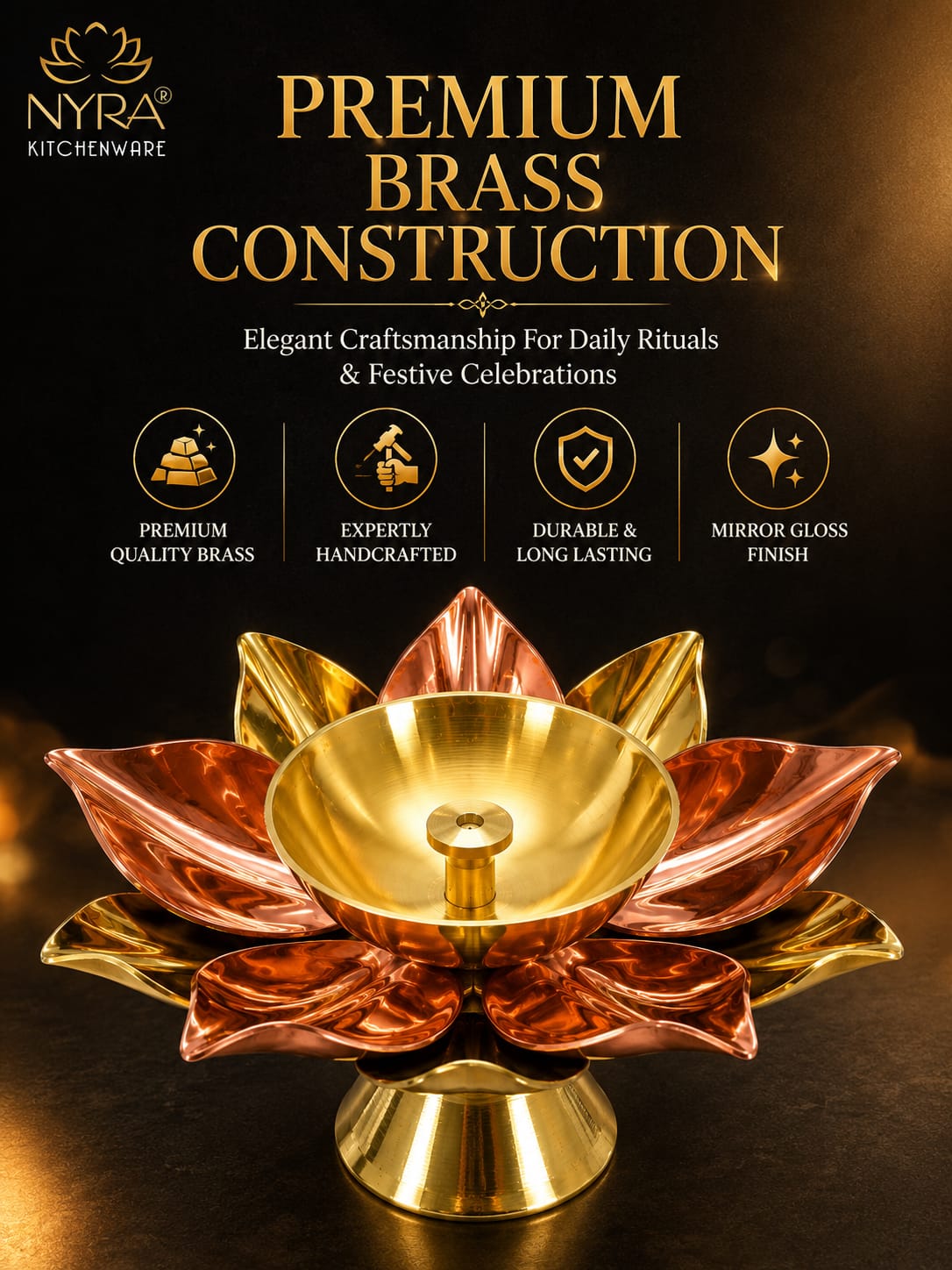 Brass Lotus Kamal Diya | Premium Handmade Akhand Oil Lamp - Pooja Brass Diya Stand
