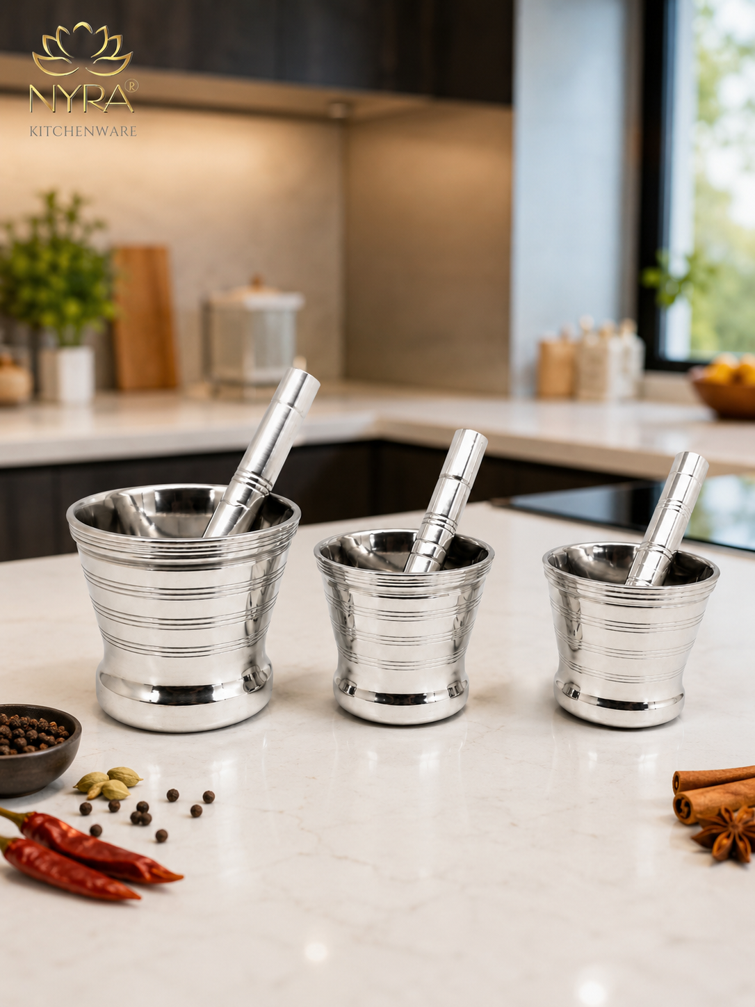 Premium Stainless Steel Mortar & Pestle Set/Khalbatta/Imam Dasta - 3 sizes