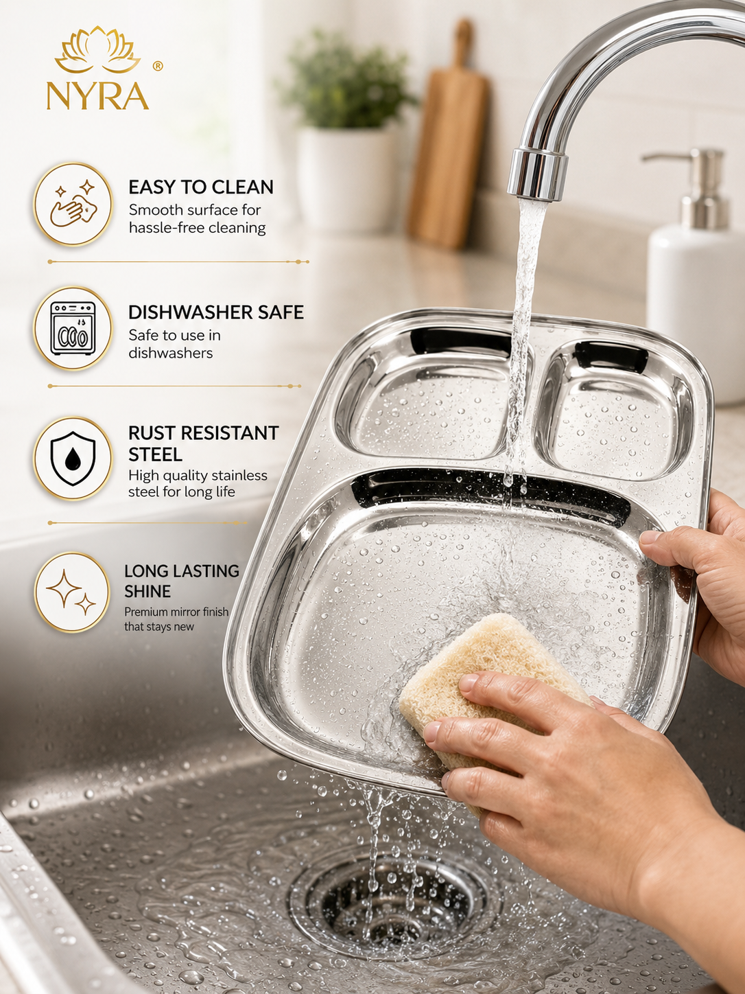 Stainless Steel Three Sectioned Plates | 3 in 1 Compartment Dinner Plate