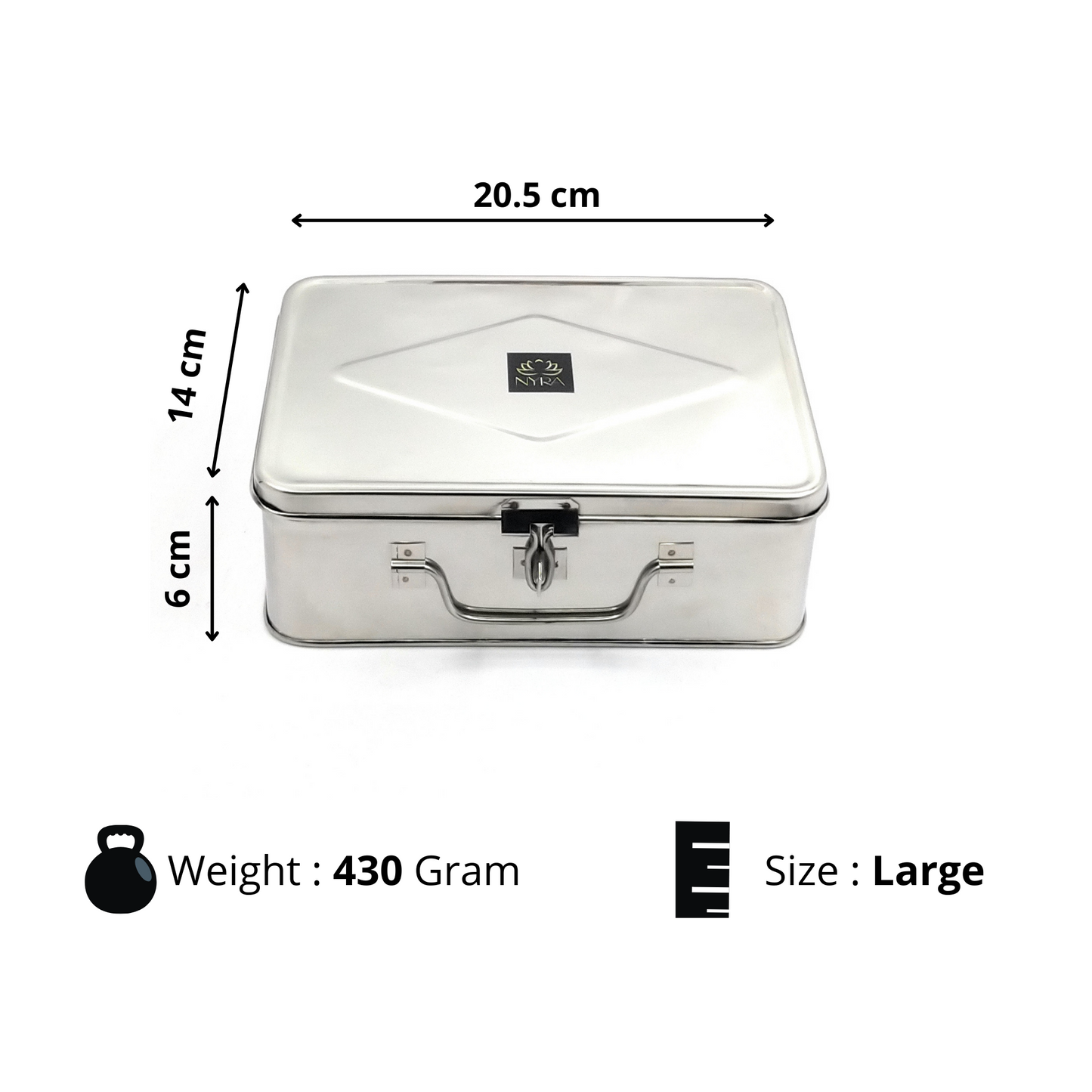 Nyra Stainless Steel Rectangular Cash Box - Manual Locker - Jewelry Box - Secure Storage for Home, Office, Retail Shop, and More - Available in 5 Sizes