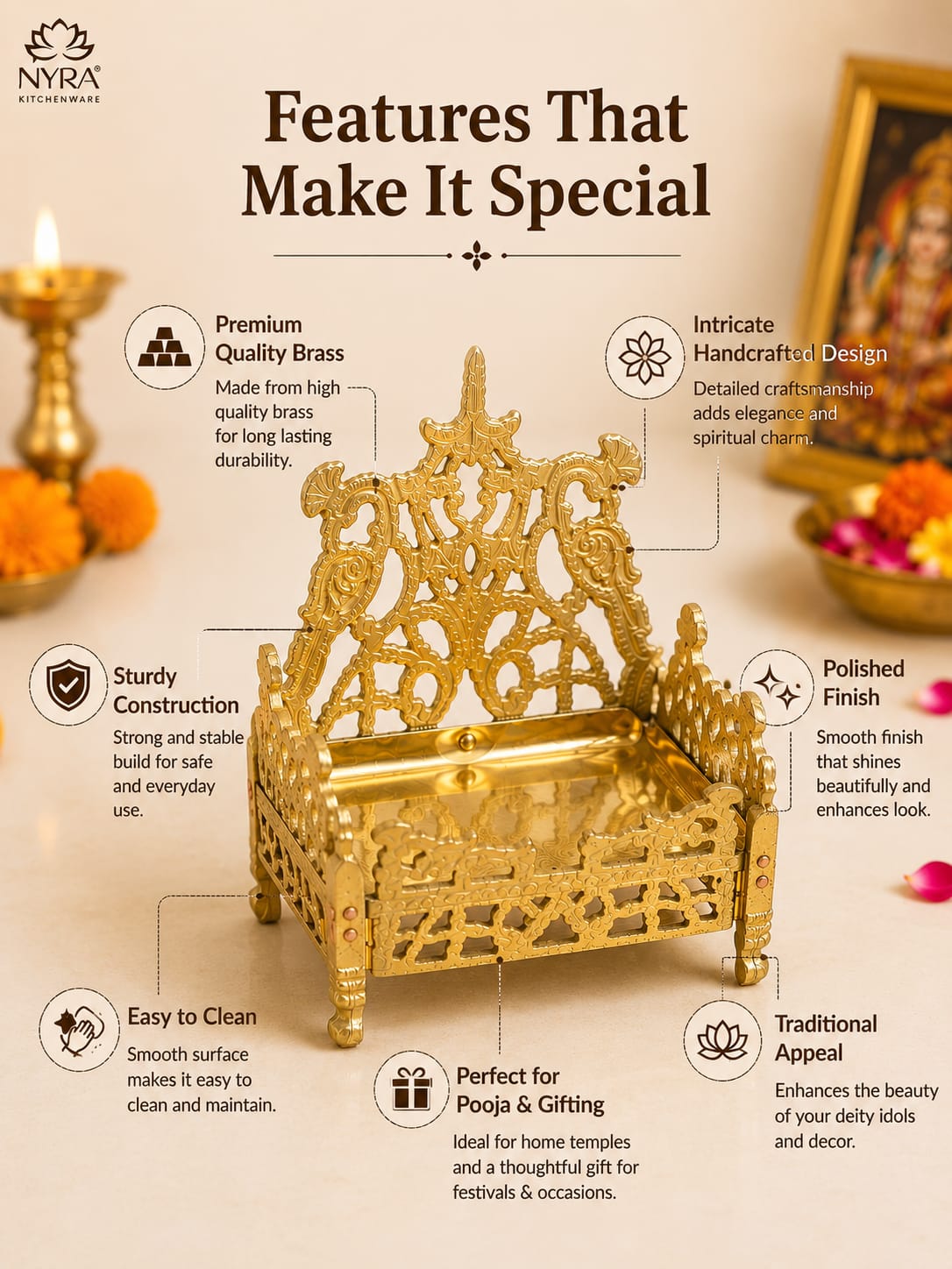 An infographic banner featuring a golden brass idol of a seated deity on a beige background, with text callouts detailing its features such as premium quality brass, intricate handcrafted design, sturdy construction, and polished finish. The NYA Kitchenware logo is visible in the top left corner.