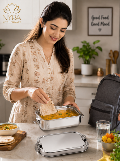 Stainless Steel Rectangular Lunch Box | Leak-Proof Tiffin with Inner Container & Locking Clip