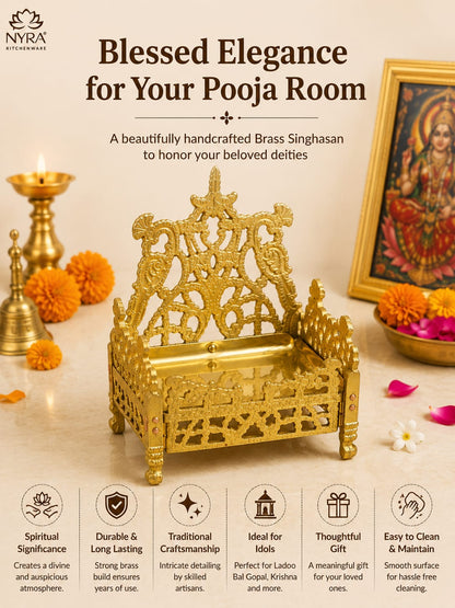 A brass Pooja room singasan (throne) with intricate carvings, displayed on a white surface with a brass lamp, marigold flowers, and a framed religious image in the background. The image includes marketing text at the top and feature icons at the bottom.