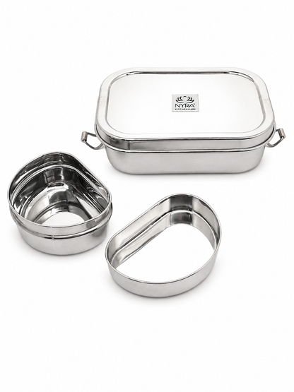 Stainless Steel Rectangular Lunch Box | Leak-Proof Tiffin with Inner Container & Locking Clip