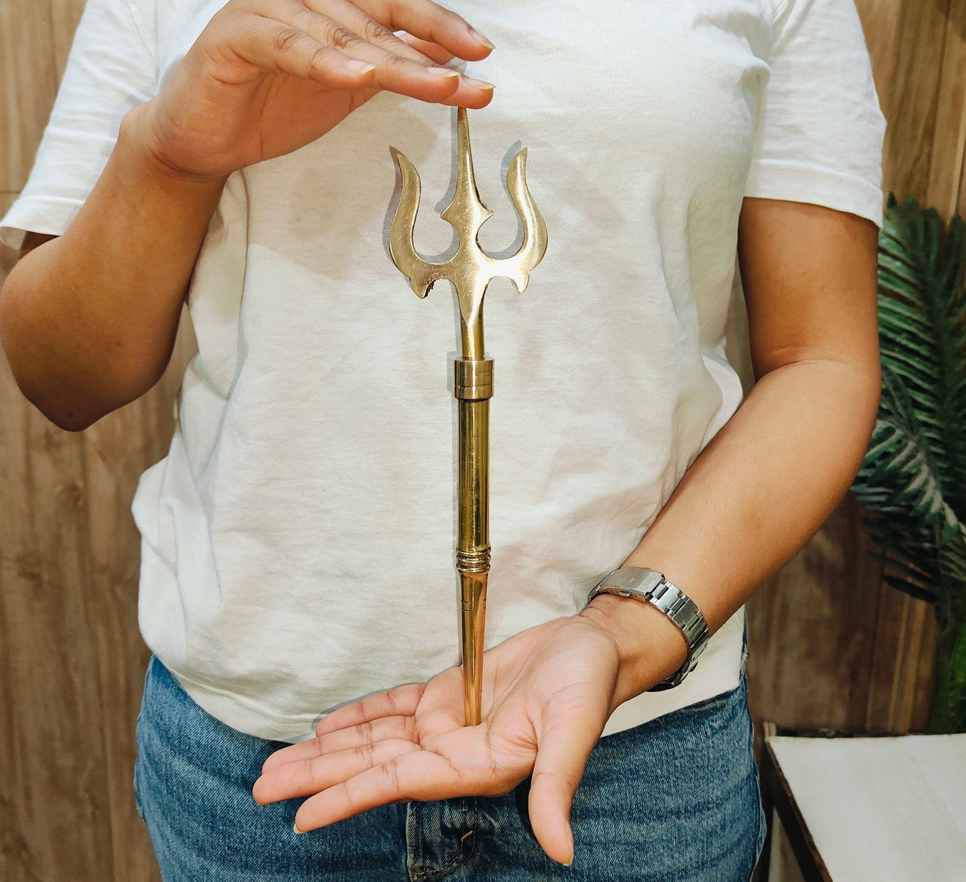 inhand view of Pure Brass (Peetal) Trishul 
